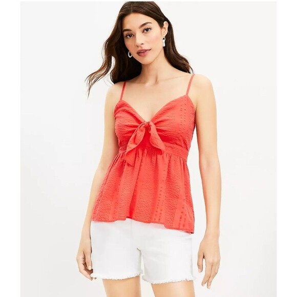 Loft Womens Medium Coral Red Tie Front V Neck Cami Tank Top Blouse Flowy Swing - Picture 9 of 9